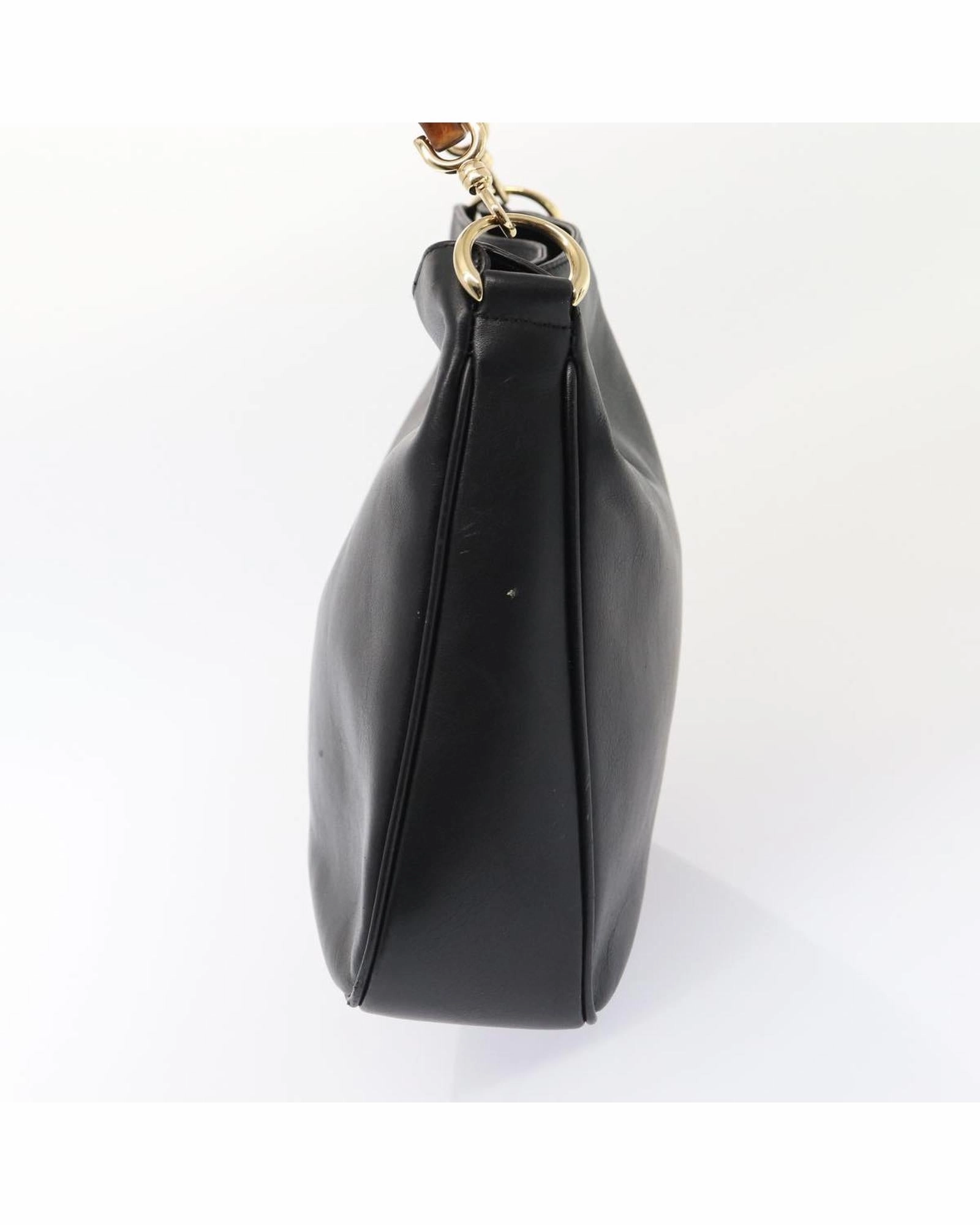 Bamboo Handle Shoulder Bag Black Leather