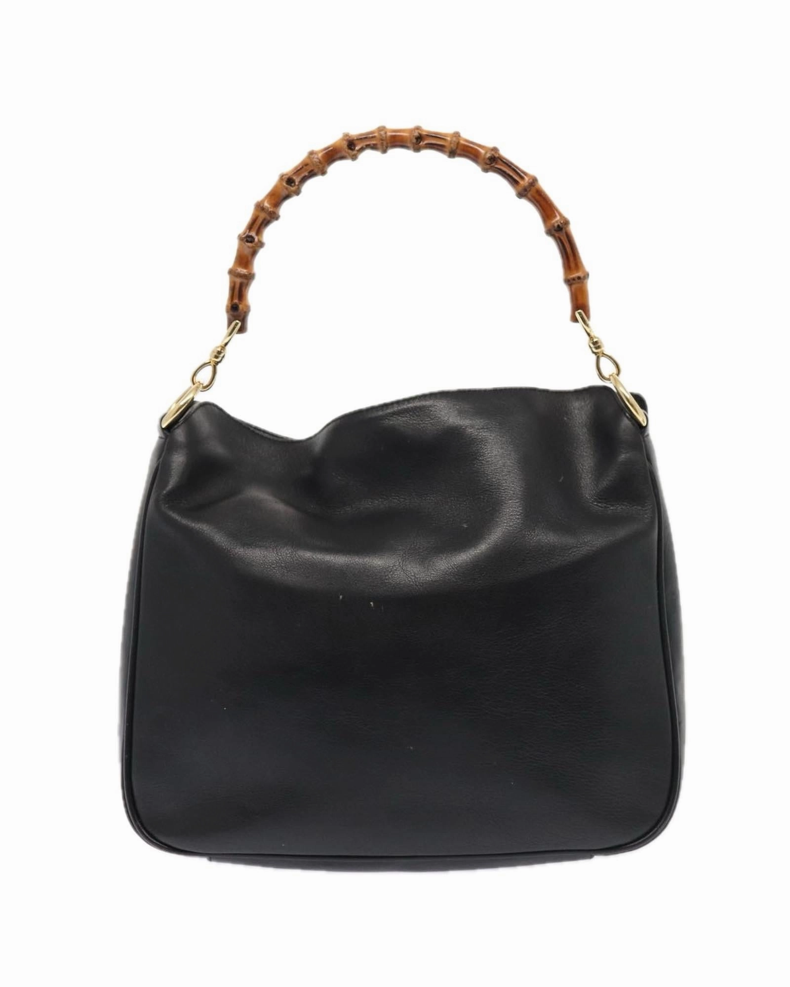 Bamboo Handle Shoulder Bag Black Leather