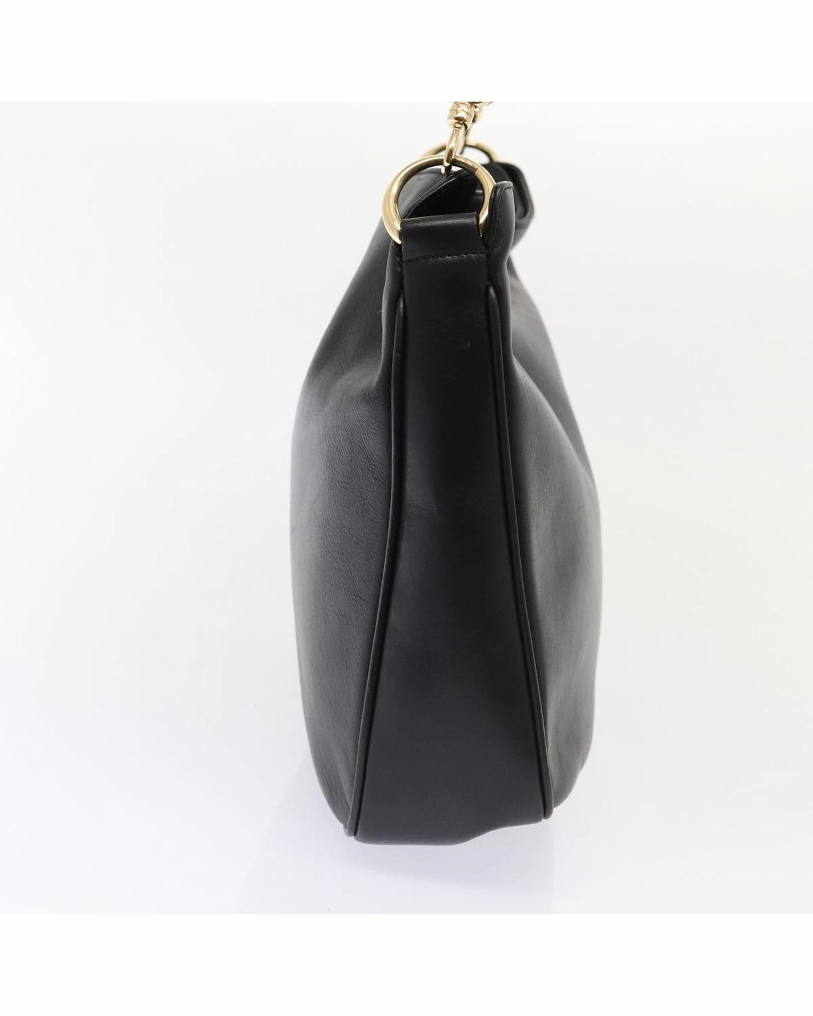 Bamboo Handle Shoulder Bag Black Leather