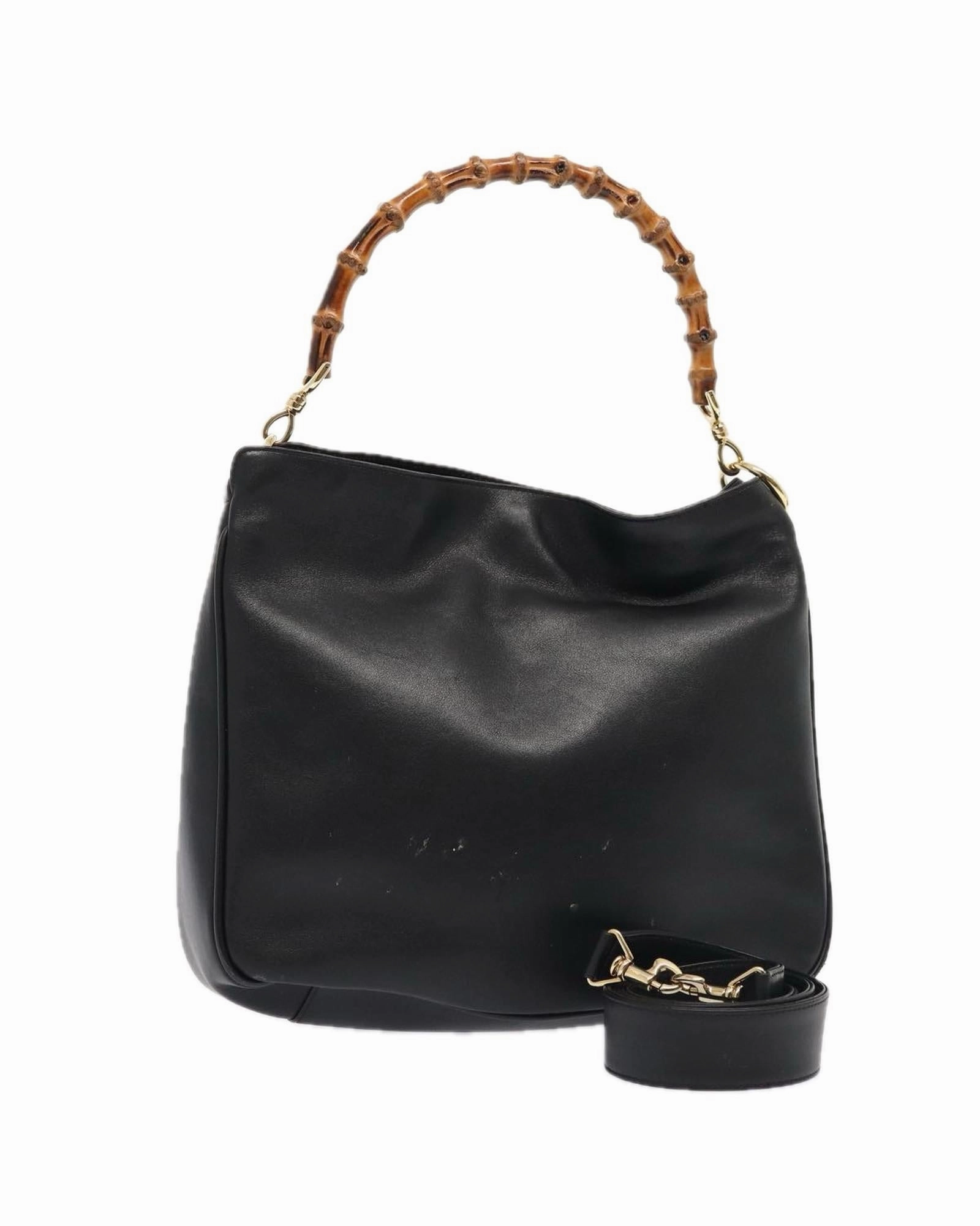 Bamboo Handle Shoulder Bag Black Leather