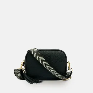 Black Leather Crossbody Bag With Black & Gold Chevron Strap