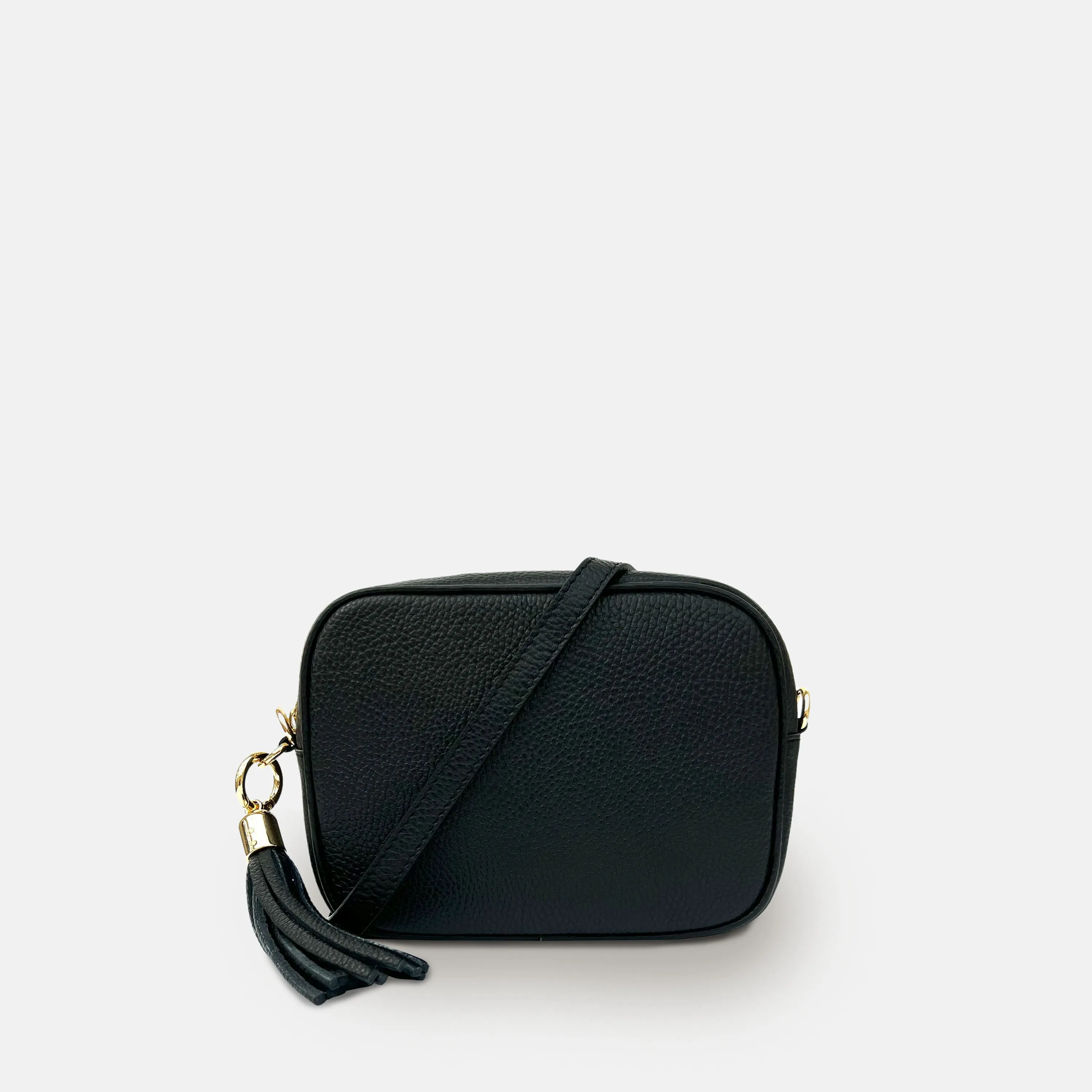 Black Leather Crossbody Bag With Black & Gold Chevron Strap