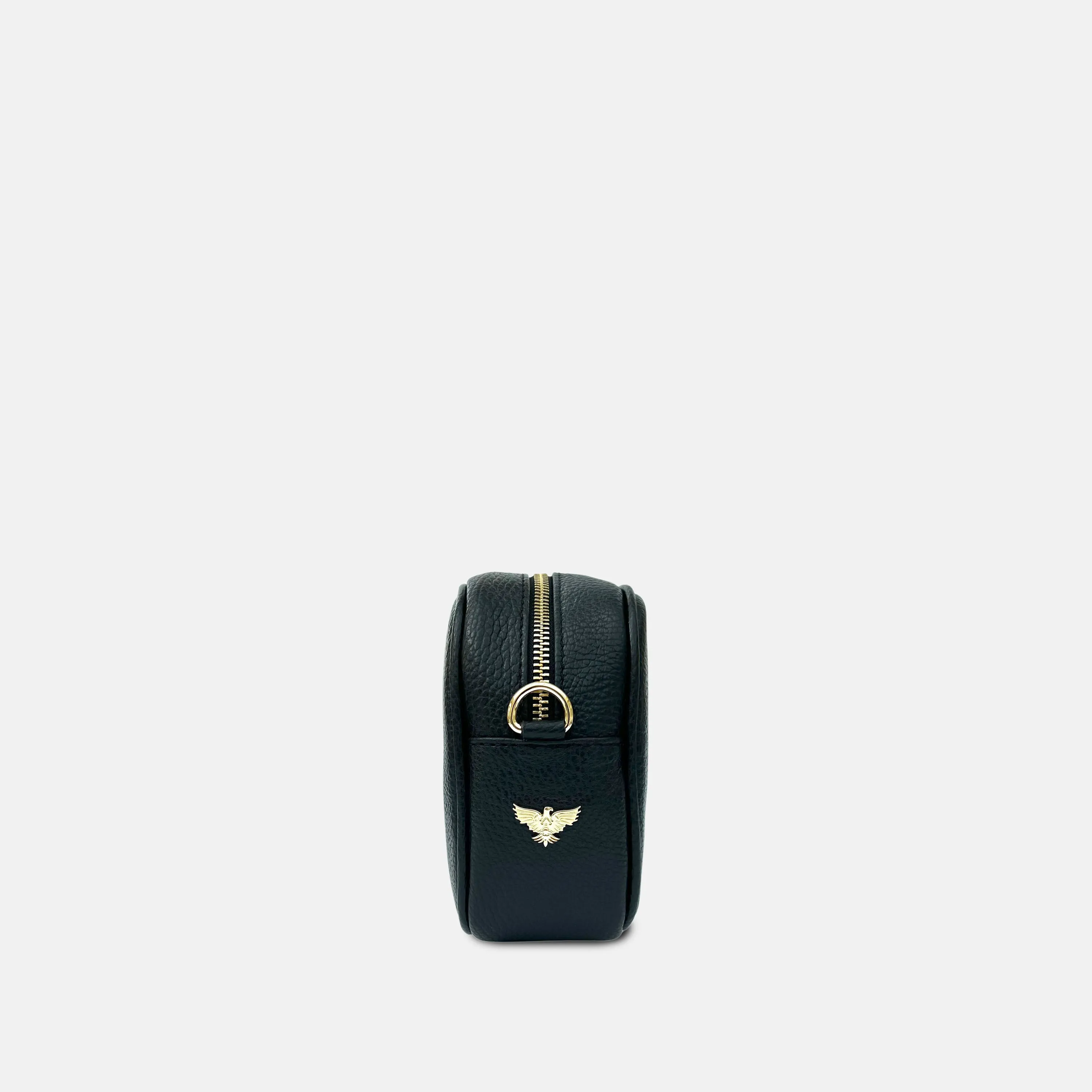 Black Leather Crossbody Bag With Black & Gold Chevron Strap