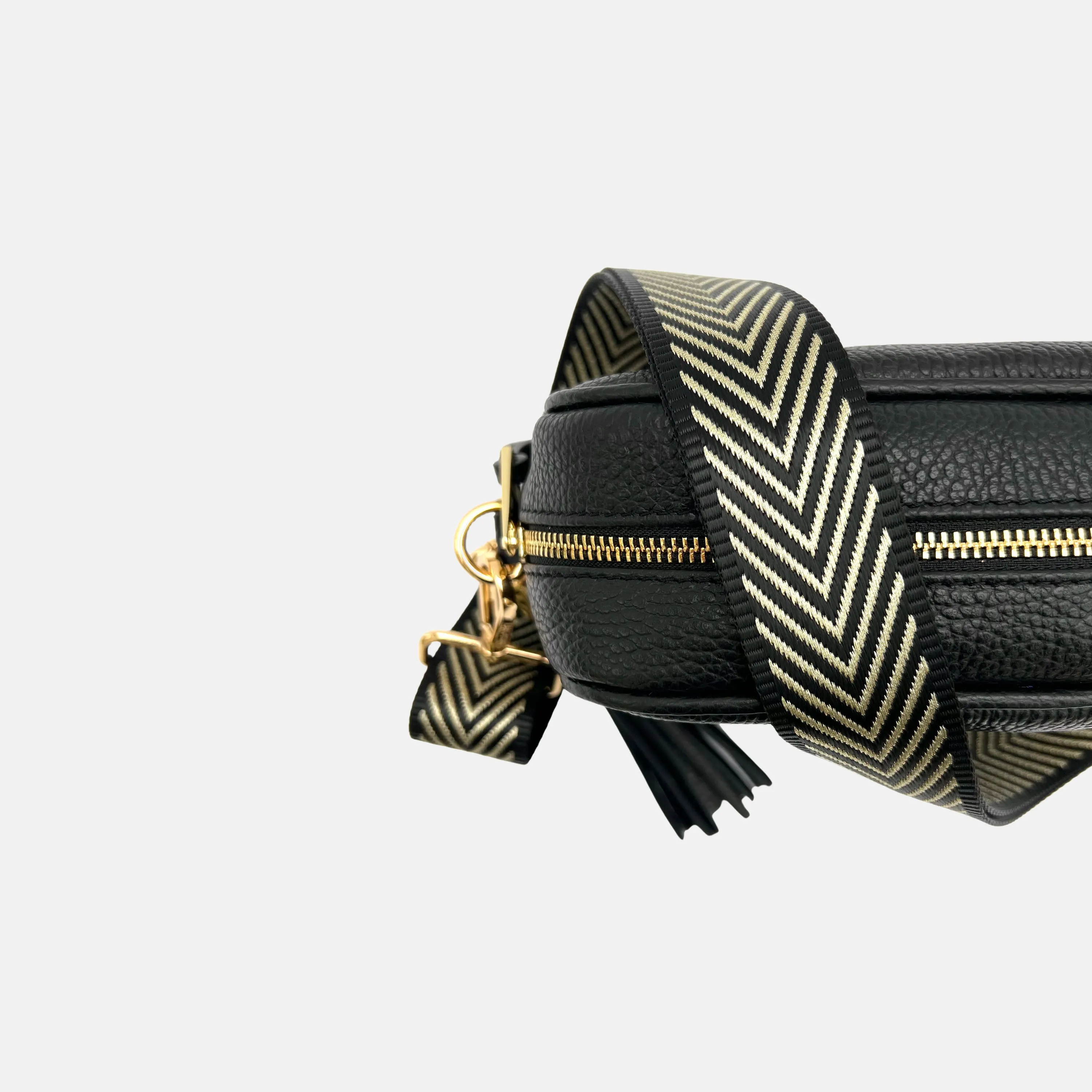 Black Leather Crossbody Bag With Black & Gold Chevron Strap