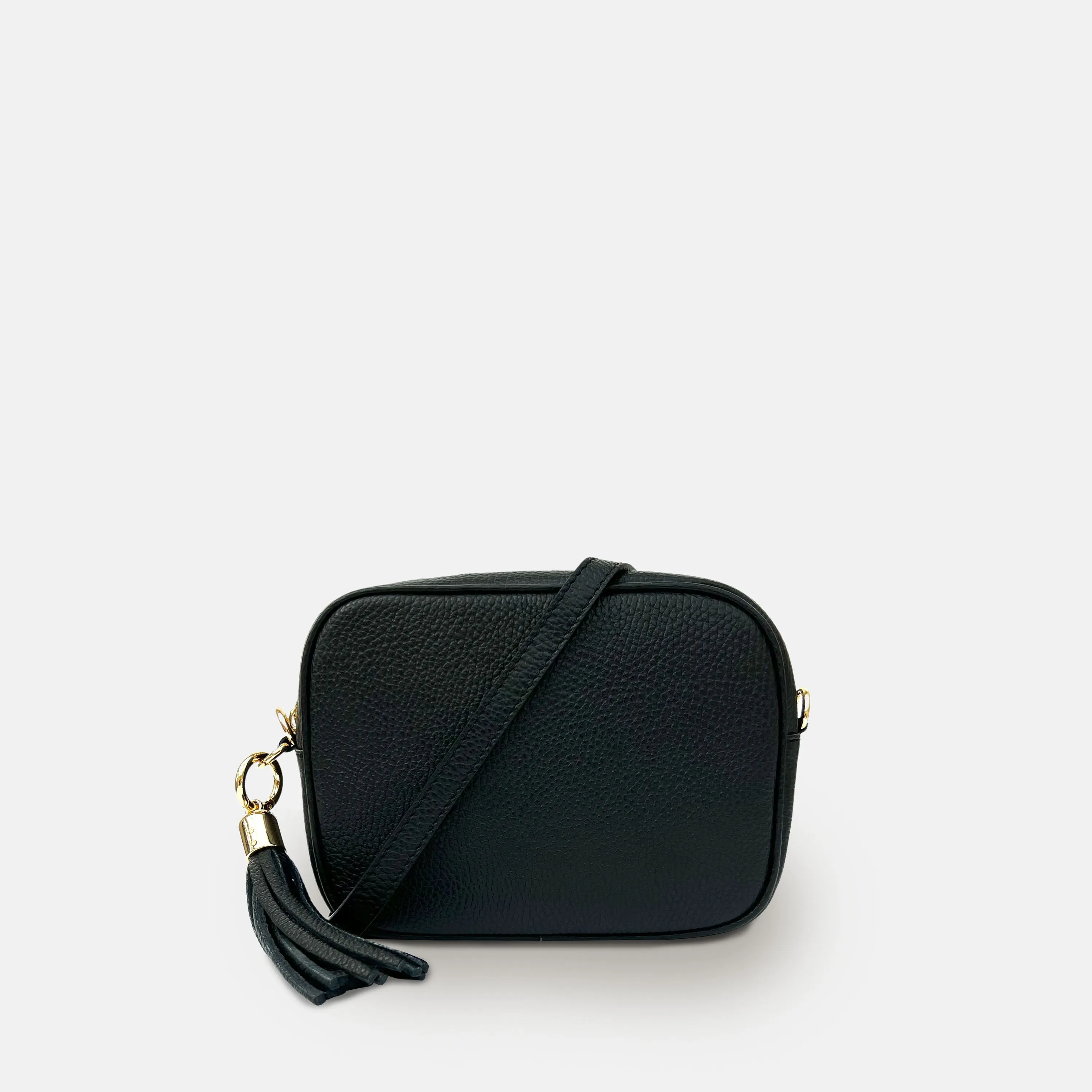 Black Leather Crossbody Bag With Black & Silver Chevron Strap