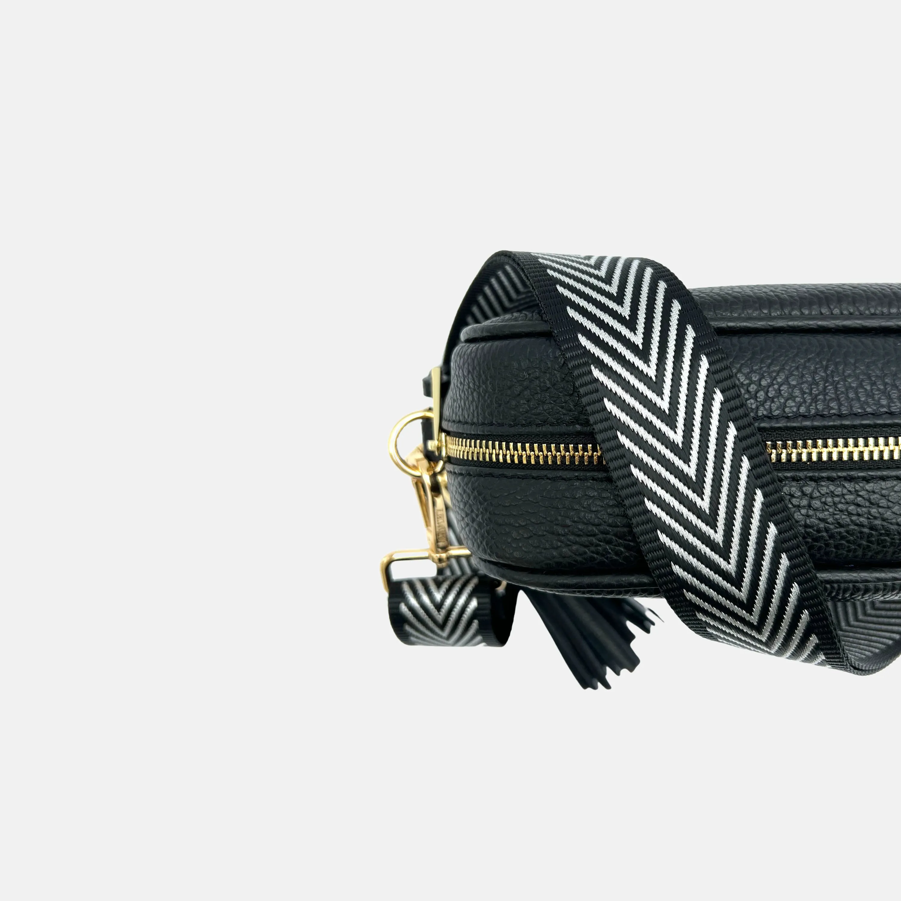 Black Leather Crossbody Bag With Black & Silver Chevron Strap