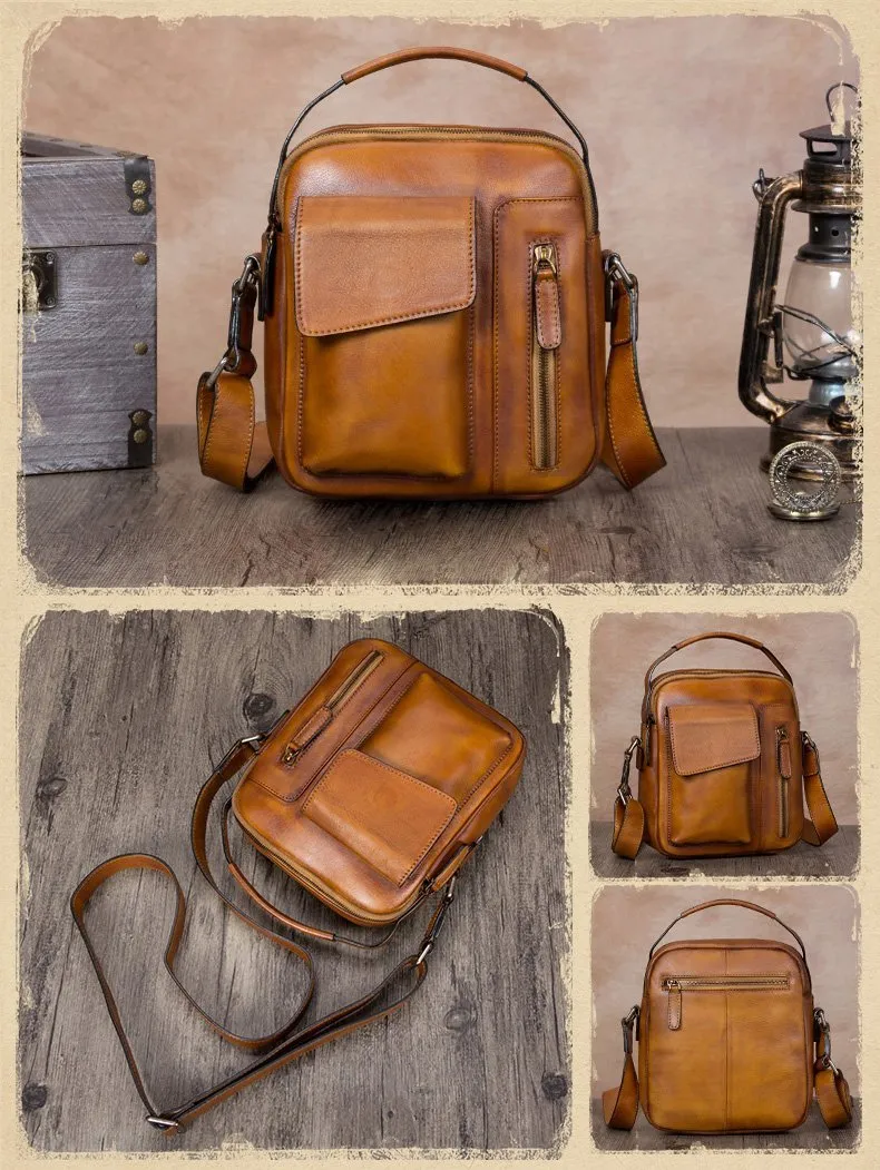 Black Vertical Mens Leather Messenger Bag Brown Side Bag Small Blue Handbag Courier Bag Postman Bag