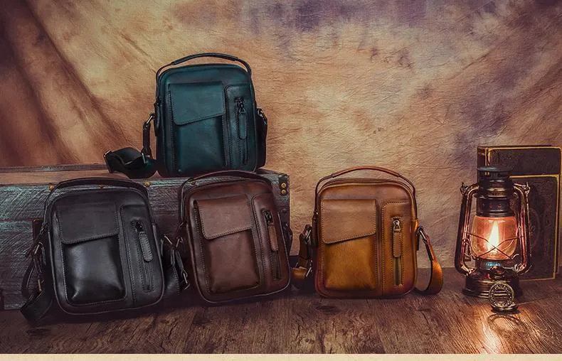 Black Vertical Mens Leather Messenger Bag Brown Side Bag Small Blue Handbag Courier Bag Postman Bag