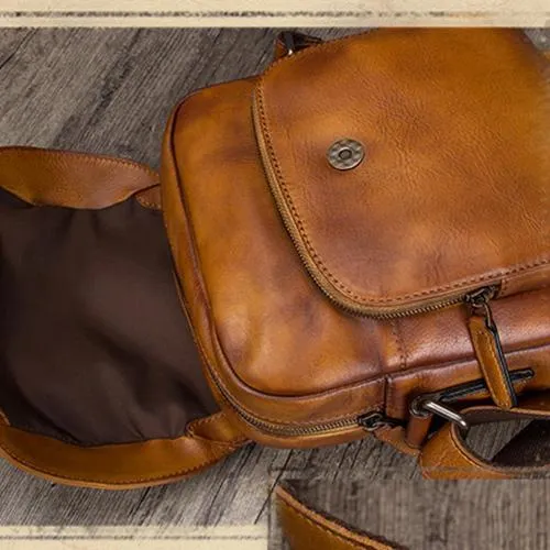 Blue Mens Leather Vintage Vertical Small Messenger Bags Small Side Bag Brown Courier Bag for Men