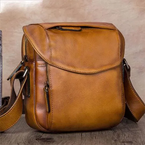 Blue Mens Leather Vintage Vertical Small Messenger Bags Small Side Bag Brown Courier Bag for Men