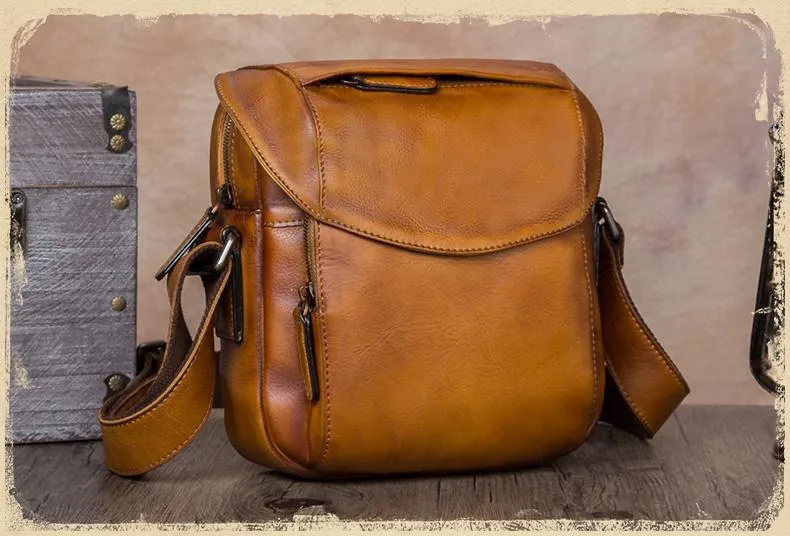 Blue Mens Leather Vintage Vertical Small Messenger Bags Small Side Bag Brown Courier Bag for Men