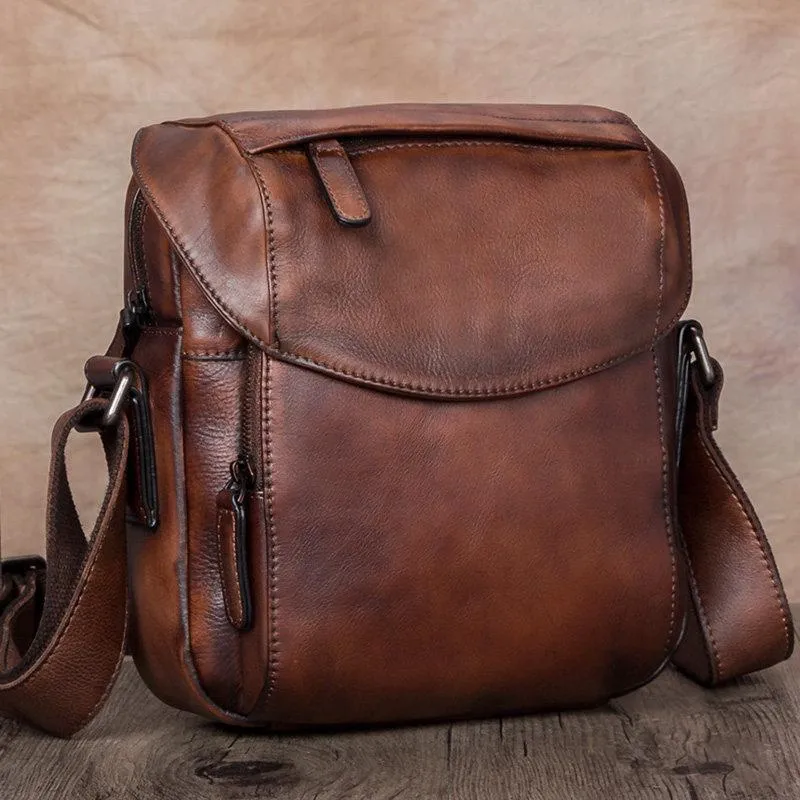Blue Mens Leather Vintage Vertical Small Messenger Bags Small Side Bag Brown Courier Bag for Men