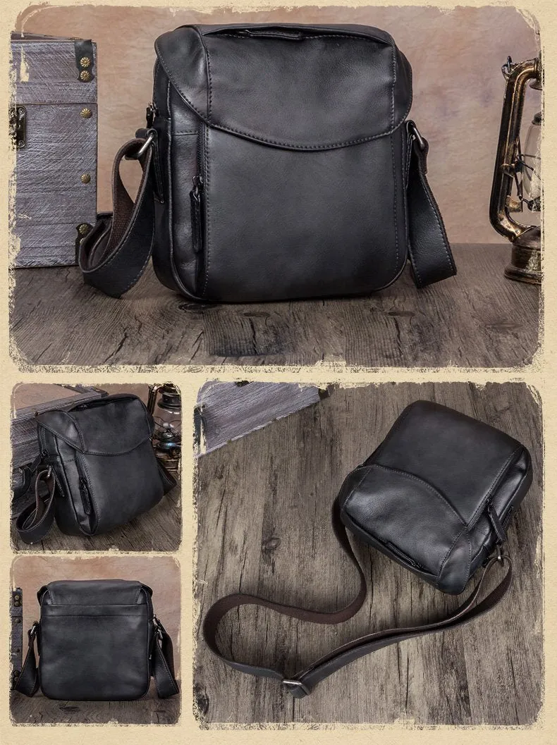 Blue Mens Leather Vintage Vertical Small Messenger Bags Small Side Bag Brown Courier Bag for Men