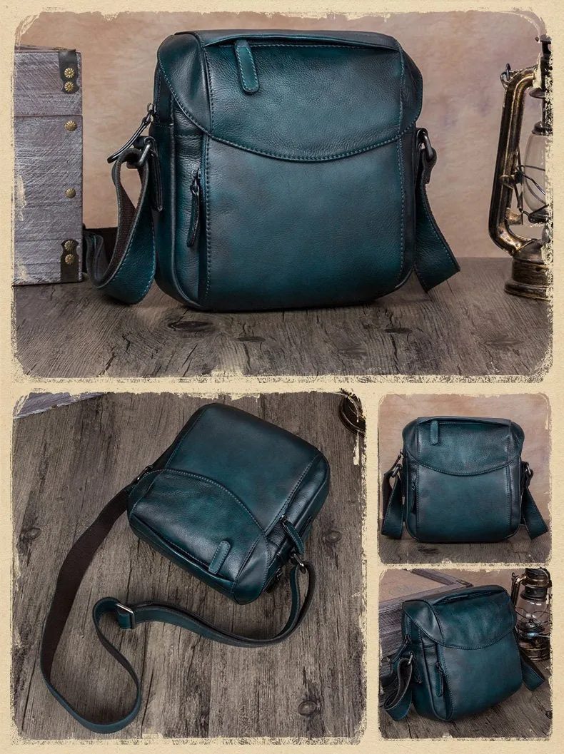 Blue Mens Leather Vintage Vertical Small Messenger Bags Small Side Bag Brown Courier Bag for Men