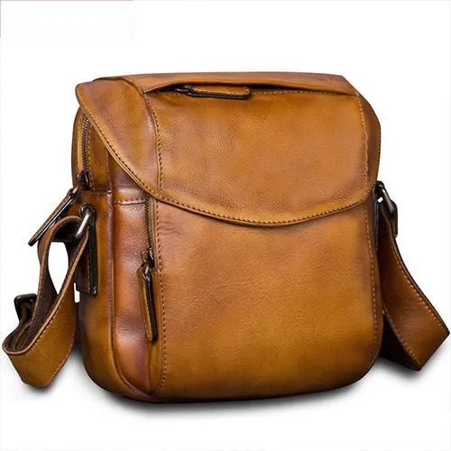 Blue Mens Leather Vintage Vertical Small Messenger Bags Small Side Bag Brown Courier Bag for Men