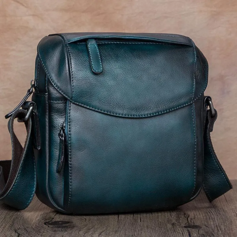 Blue Mens Leather Vintage Vertical Small Messenger Bags Small Side Bag Brown Courier Bag for Men