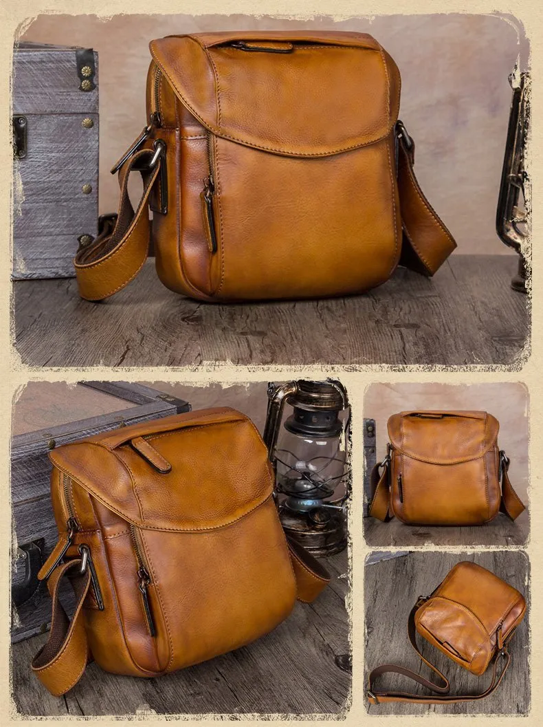 Blue Mens Leather Vintage Vertical Small Messenger Bags Small Side Bag Brown Courier Bag for Men