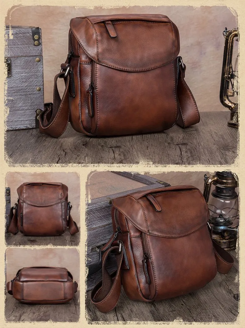 Blue Mens Leather Vintage Vertical Small Messenger Bags Small Side Bag Brown Courier Bag for Men