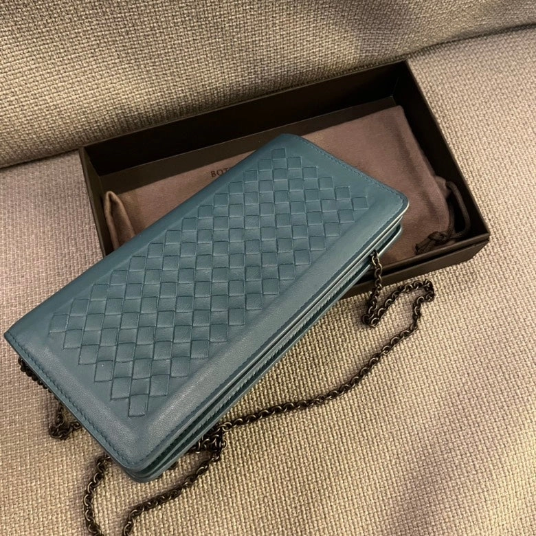 Bottega Veneta Intrecciato Teal Leather Chain Crossbody Bag