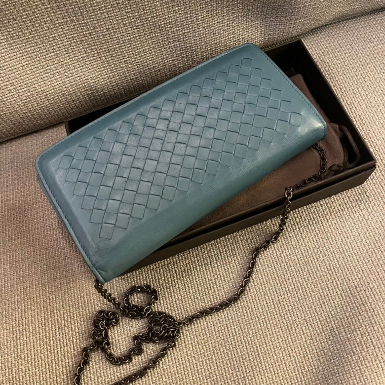 Bottega Veneta Intrecciato Teal Leather Chain Crossbody Bag