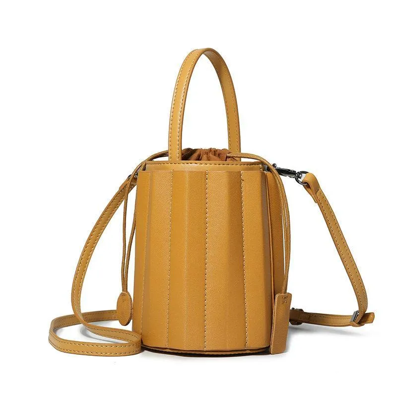 Brown Womens Leather Bucket Handbag Womens Barrel Purse Small Bucket Shoulder Purse