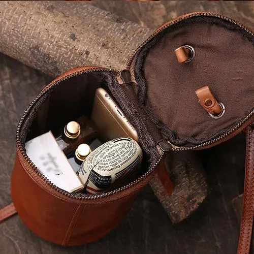 Brown Womens Leather Bucket Handbag Womens Barrel Purse Small Bucket Shoulder Purse