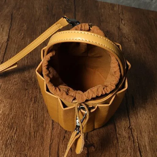 Brown Womens Leather Bucket Handbag Womens Barrel Purse Small Bucket Shoulder Purse