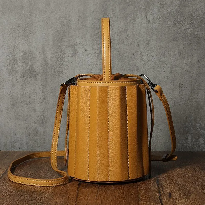 Brown Womens Leather Bucket Handbag Womens Barrel Purse Small Bucket Shoulder Purse