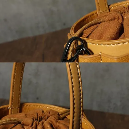 Brown Womens Leather Bucket Handbag Womens Barrel Purse Small Bucket Shoulder Purse
