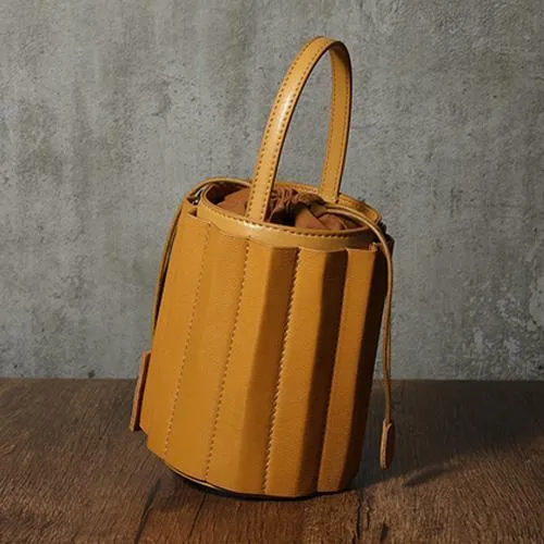 Brown Womens Leather Bucket Handbag Womens Barrel Purse Small Bucket Shoulder Purse