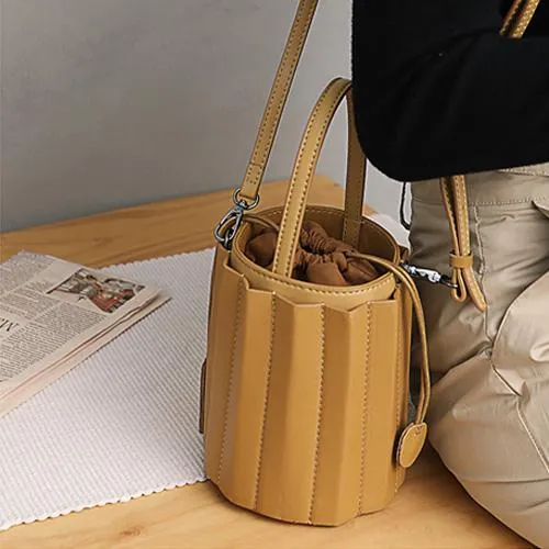 Brown Womens Leather Bucket Handbag Womens Barrel Purse Small Bucket Shoulder Purse