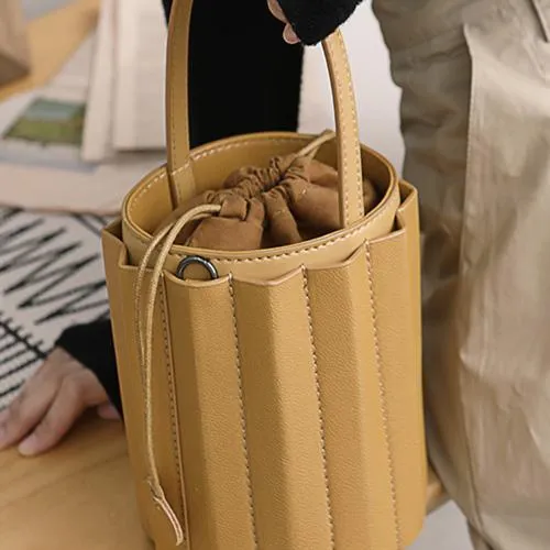 Brown Womens Leather Bucket Handbag Womens Barrel Purse Small Bucket Shoulder Purse