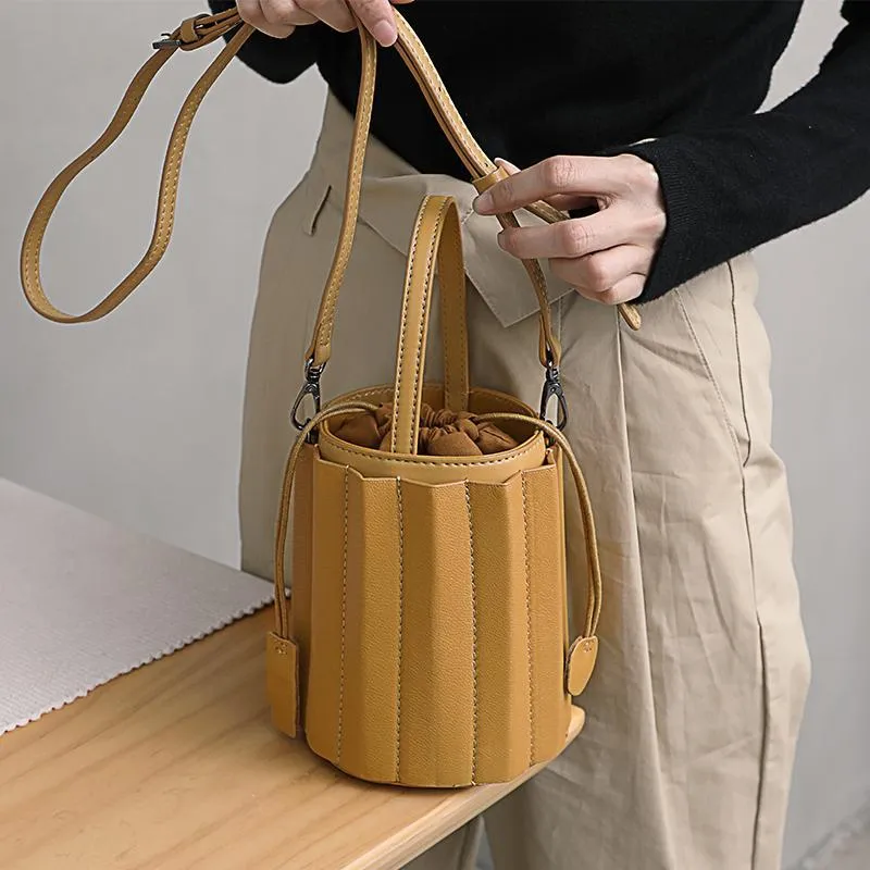 Brown Womens Leather Bucket Handbag Womens Barrel Purse Small Bucket Shoulder Purse