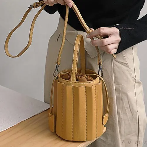 Brown Womens Leather Bucket Handbag Womens Barrel Purse Small Bucket Shoulder Purse
