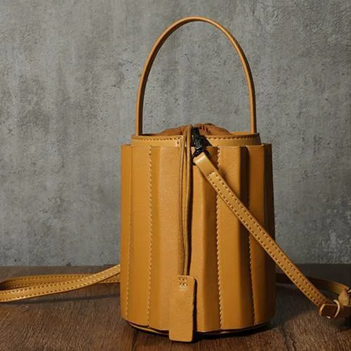 Brown Womens Leather Bucket Handbag Womens Barrel Purse Small Bucket Shoulder Purse