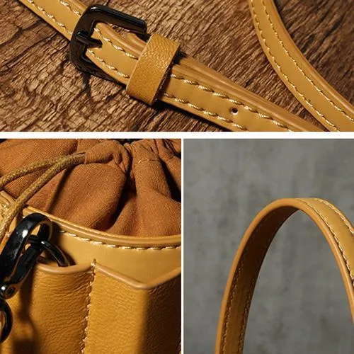 Brown Womens Leather Bucket Handbag Womens Barrel Purse Small Bucket Shoulder Purse