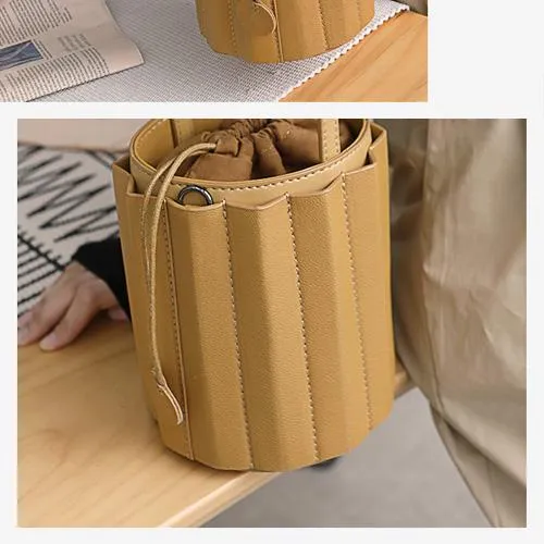 Brown Womens Leather Bucket Handbag Womens Barrel Purse Small Bucket Shoulder Purse