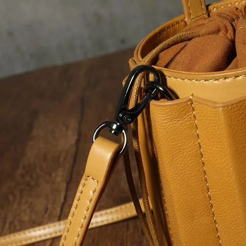 Brown Womens Leather Bucket Handbag Womens Barrel Purse Small Bucket Shoulder Purse