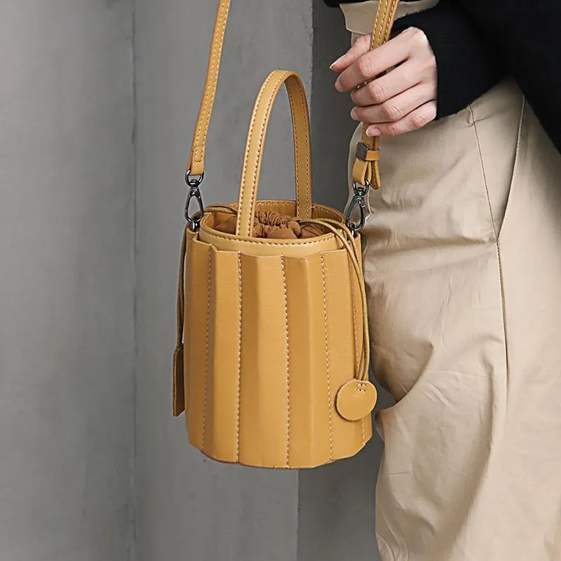 Brown Womens Leather Bucket Handbag Womens Barrel Purse Small Bucket Shoulder Purse