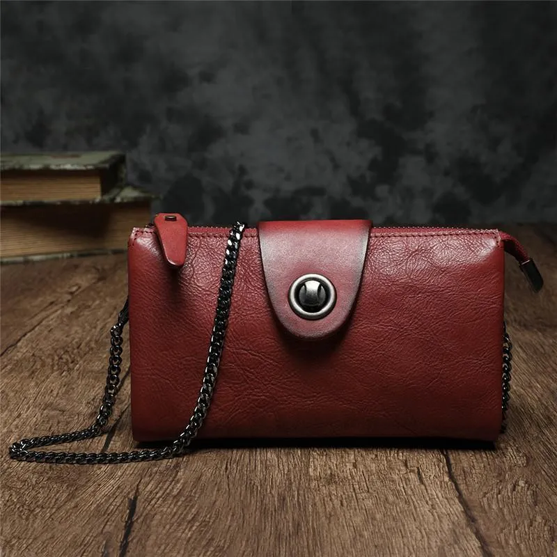 Brown Womens Small Leather Mini Chain shoulder Bag Vintage Cross body Bag Side Bag for Ladies