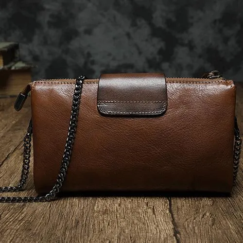 Brown Womens Small Leather Mini Chain shoulder Bag Vintage Cross body Bag Side Bag for Ladies