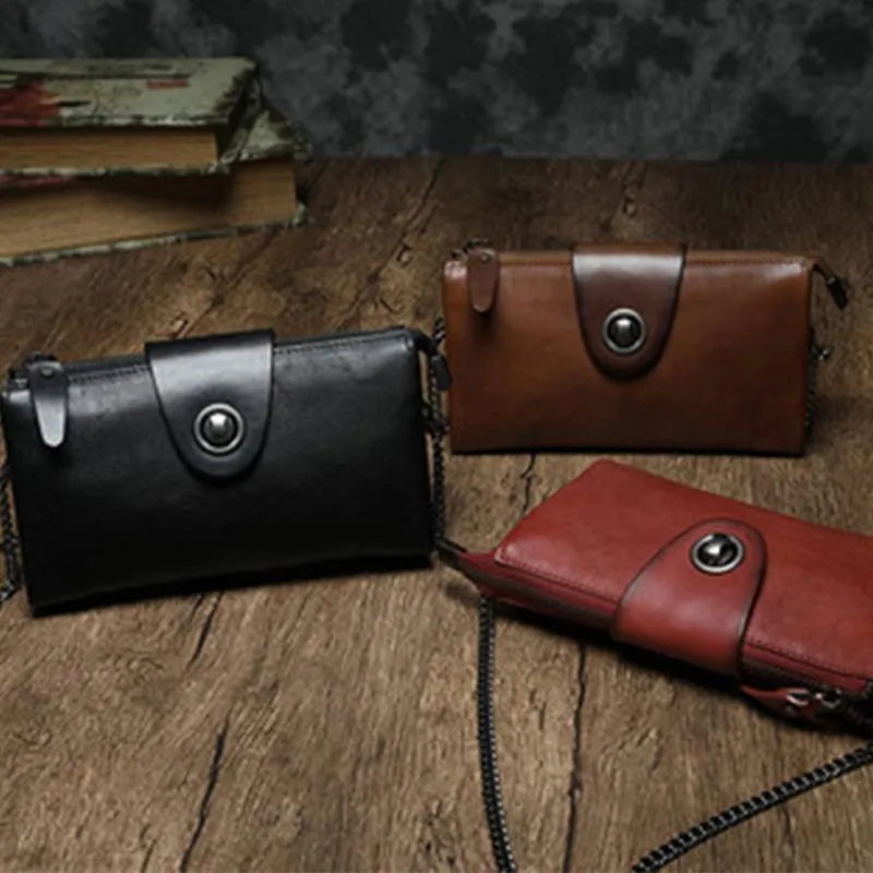 Brown Womens Small Leather Mini Chain shoulder Bag Vintage Cross body Bag Side Bag for Ladies
