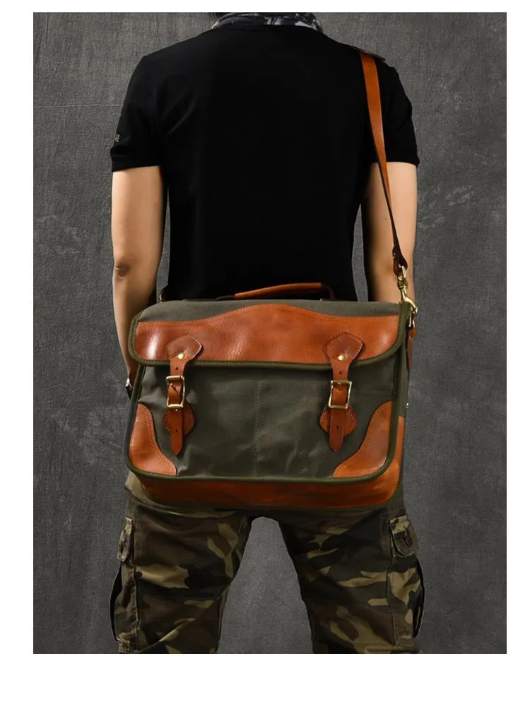 Canvas Leather Mens 14???? Army Green Briefcase Side Bag Retro Messenger Bag Shoulder Bag For Men