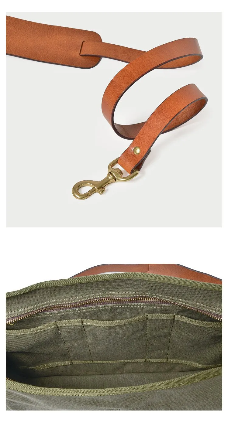 Canvas Leather Mens 14???? Army Green Briefcase Side Bag Retro Messenger Bag Shoulder Bag For Men