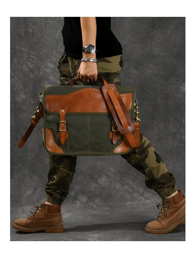 Canvas Leather Mens 14???? Army Green Briefcase Side Bag Retro Messenger Bag Shoulder Bag For Men