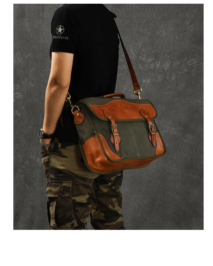 Canvas Leather Mens 14???? Army Green Briefcase Side Bag Retro Messenger Bag Shoulder Bag For Men