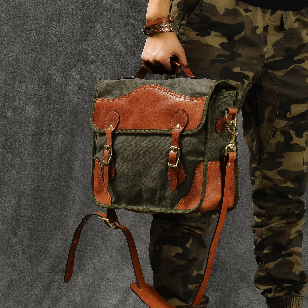 Canvas Leather Mens 14???? Army Green Briefcase Side Bag Retro Messenger Bag Shoulder Bag For Men
