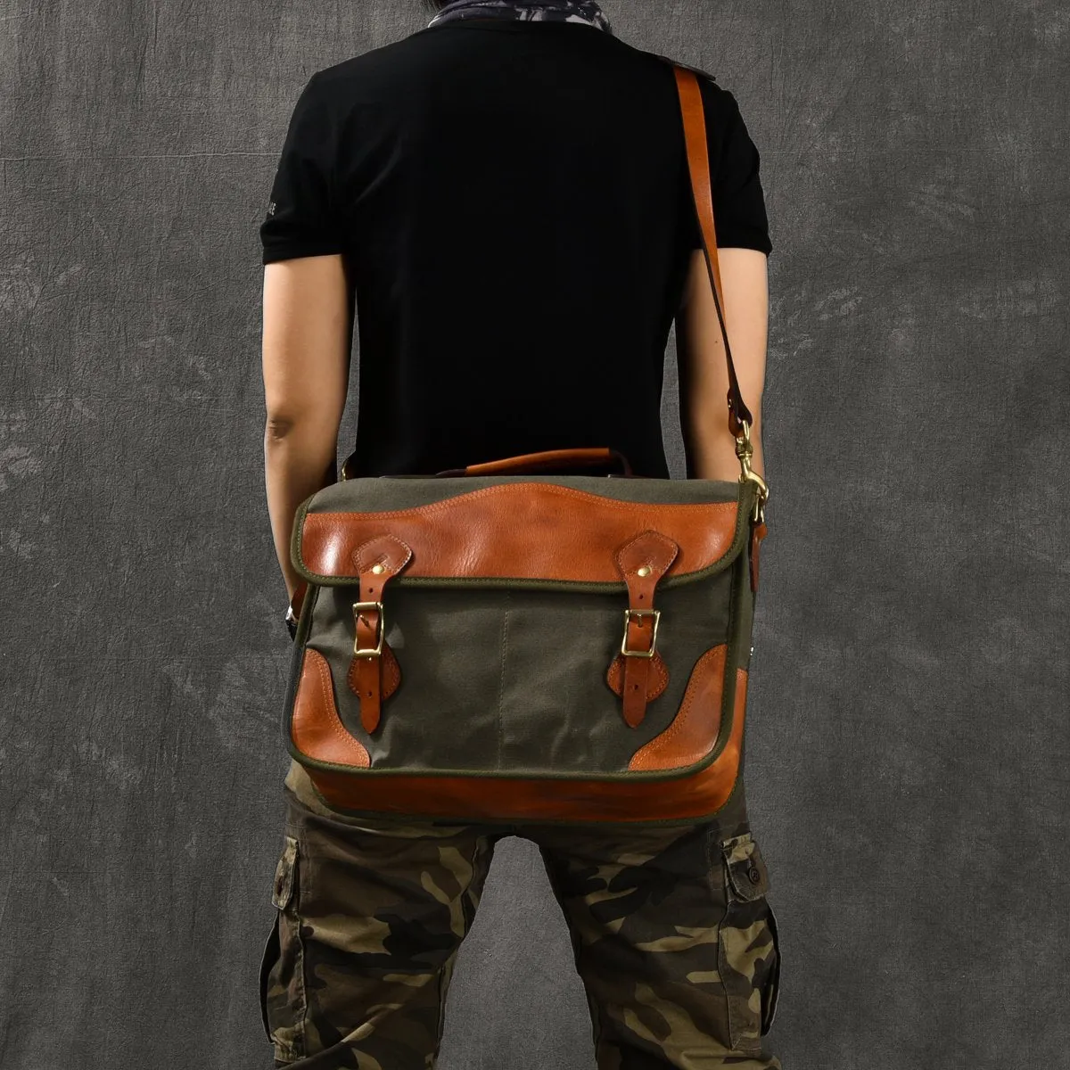 Canvas Leather Mens 14???? Army Green Briefcase Side Bag Retro Messenger Bag Shoulder Bag For Men