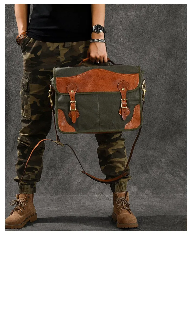 Canvas Leather Mens 14???? Army Green Briefcase Side Bag Retro Messenger Bag Shoulder Bag For Men