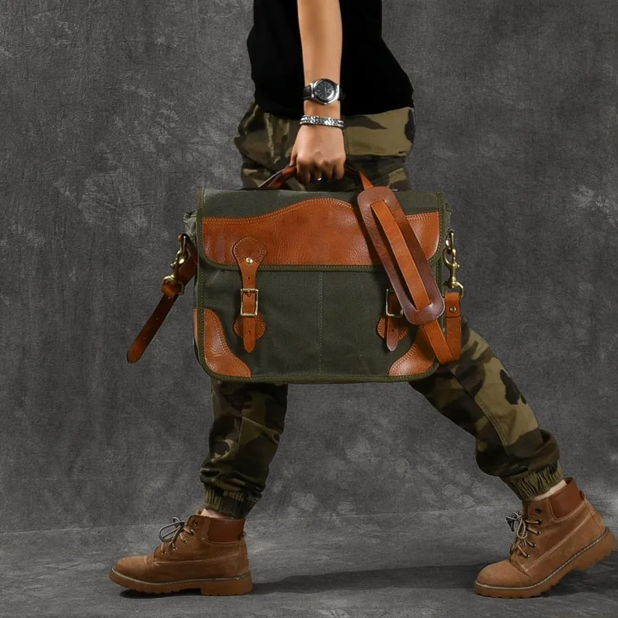 Canvas Leather Mens 14???? Army Green Briefcase Side Bag Retro Messenger Bag Shoulder Bag For Men